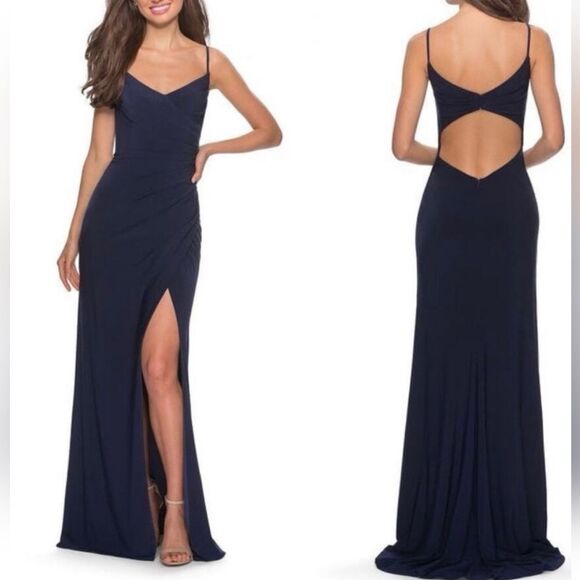La Femme - 28079 Long Surplice High Slit Jersey Gown - Picture 1 of 9